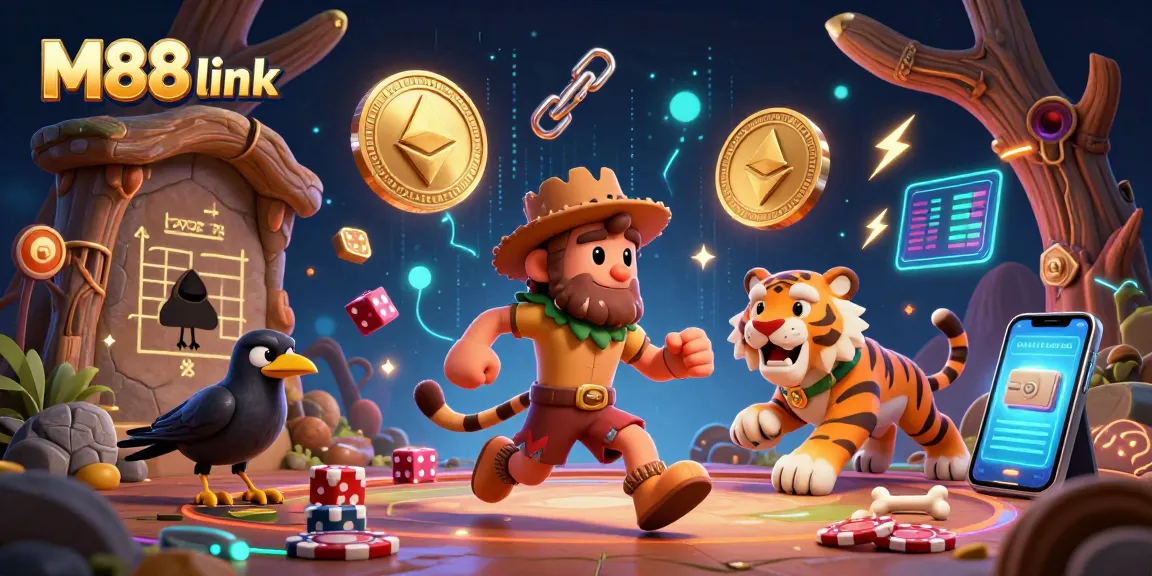Engage with the vibrant M88 link casino scene showcasing unique gaming elements and characters in a thrilling 3D illustration.