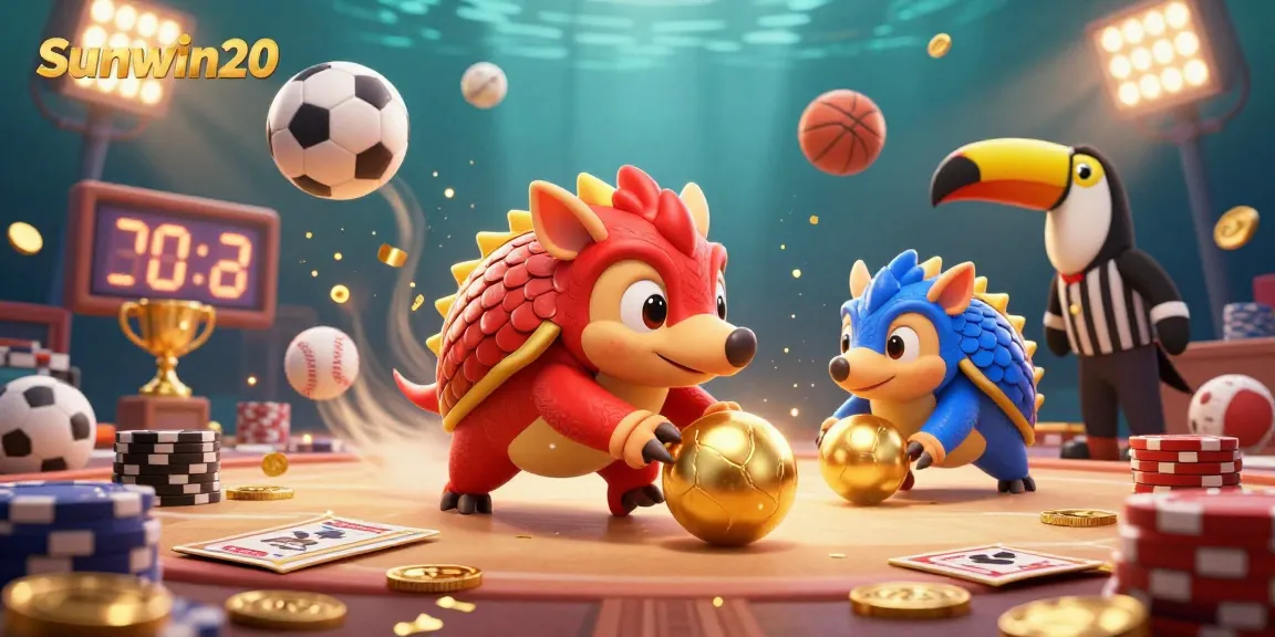Experience thrilling action with Sunwin20 as pangolins roll poker chips and sports elements in a vibrant casino scene.