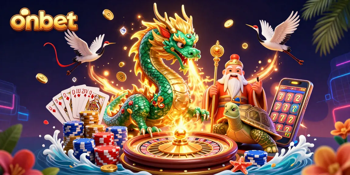 Experience winning strategies at onbet with a vibrant 3D scene featuring dragons, lucky cranes, and dynamic casino elements.