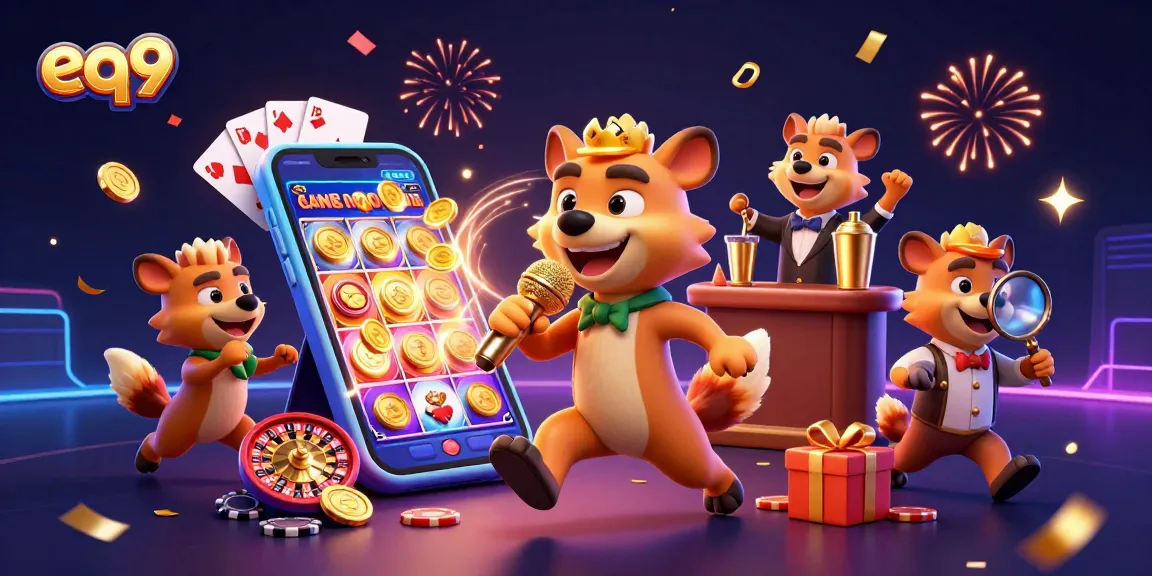 Experience fun and excitement at eq9 with vibrant hyena characters in a lively casino scene.