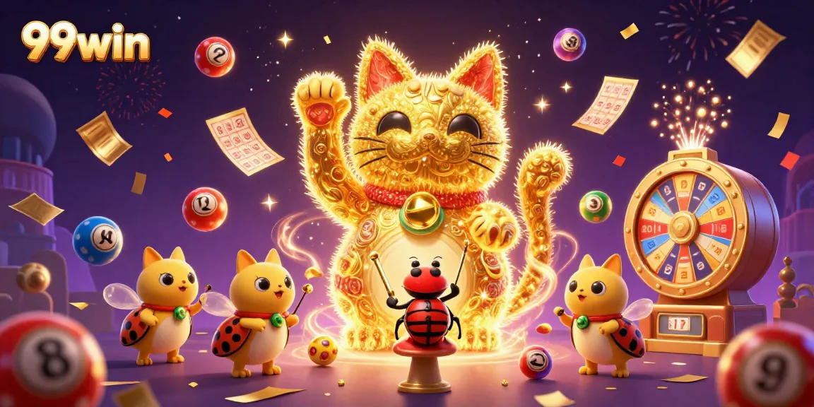 Experience excitement with 99win's dynamic lottery and casino celebration illustration.
