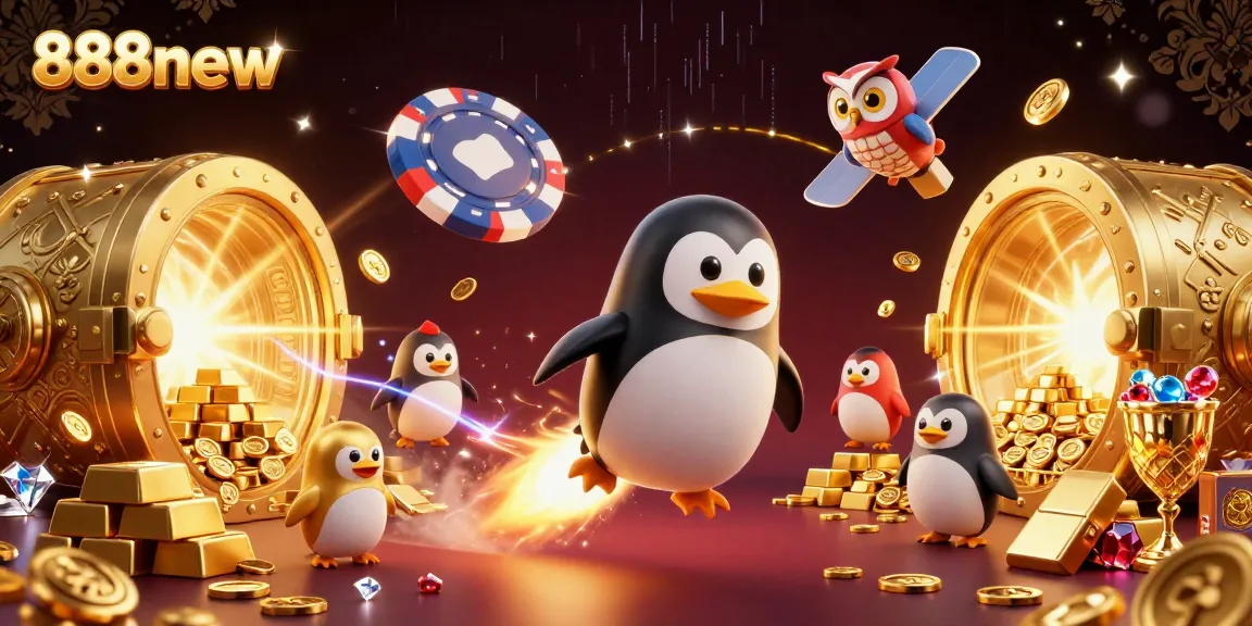 Engage with 888new's vibrant casino universe featuring a golden penguin and treasure in space.