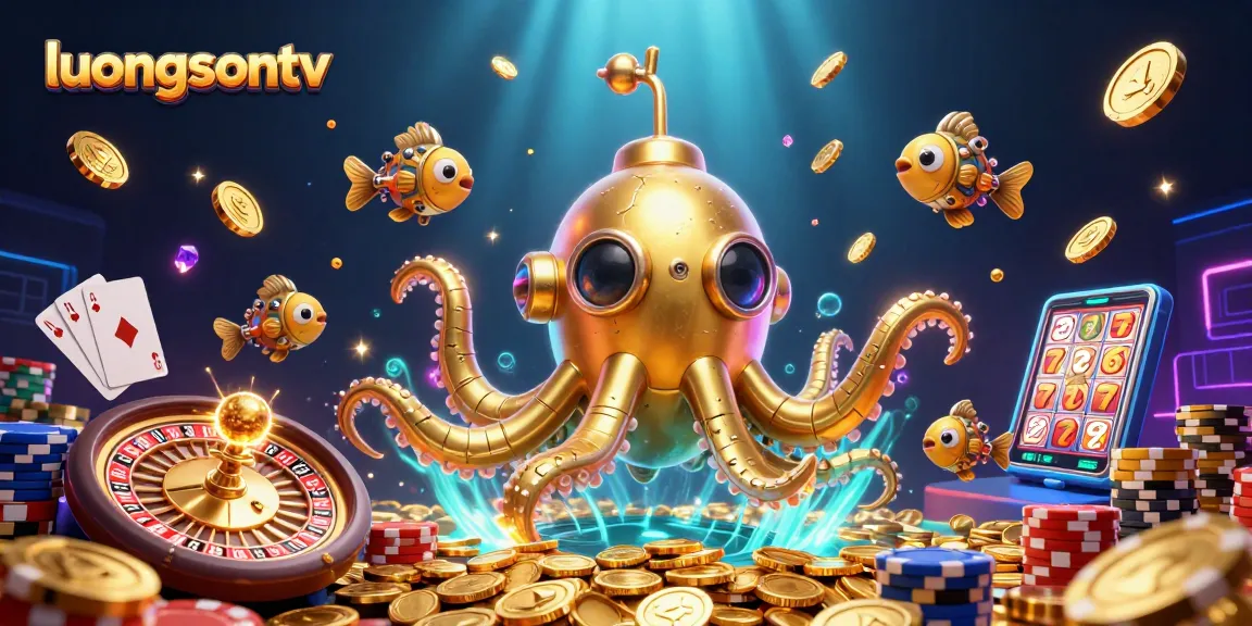 Experience thrilling gambling with luongsontv featuring a golden kraken submarine amidst cascading coins.