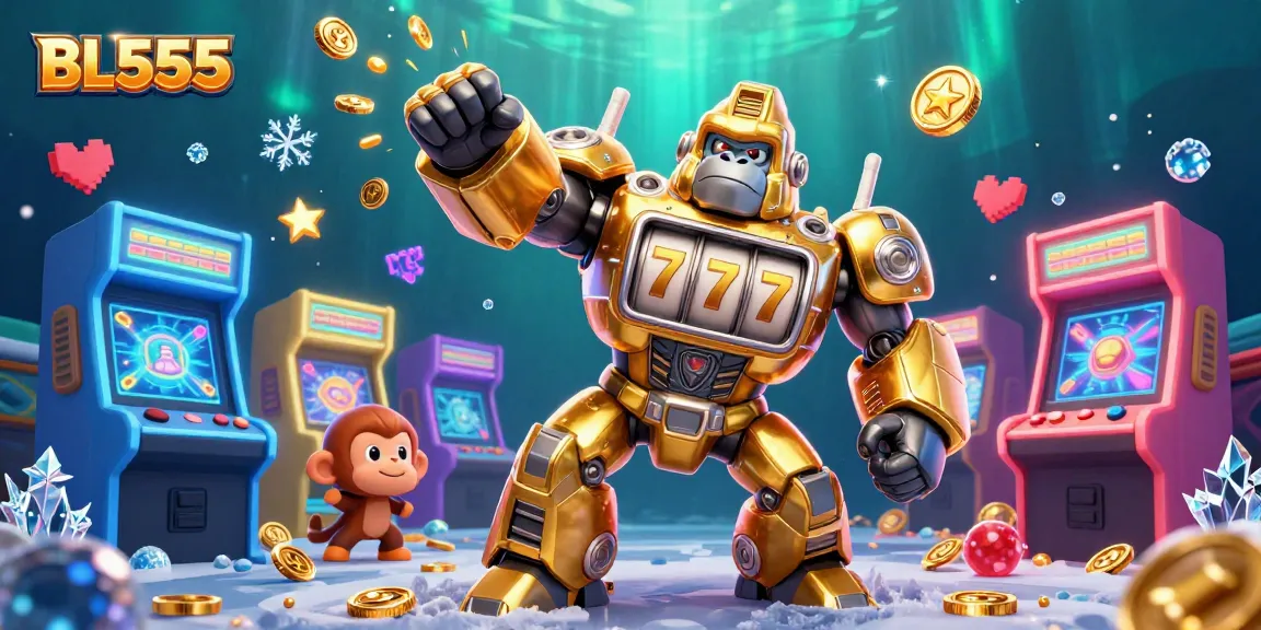 BL555's animated golden gorilla mech showcases thrilling slot game excitement with coins bursting forth.