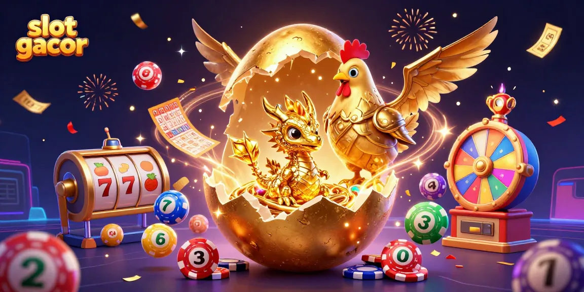 Experience the excitement of slot gacor as a golden dragon emerges from an egg in a vibrant casino setting.