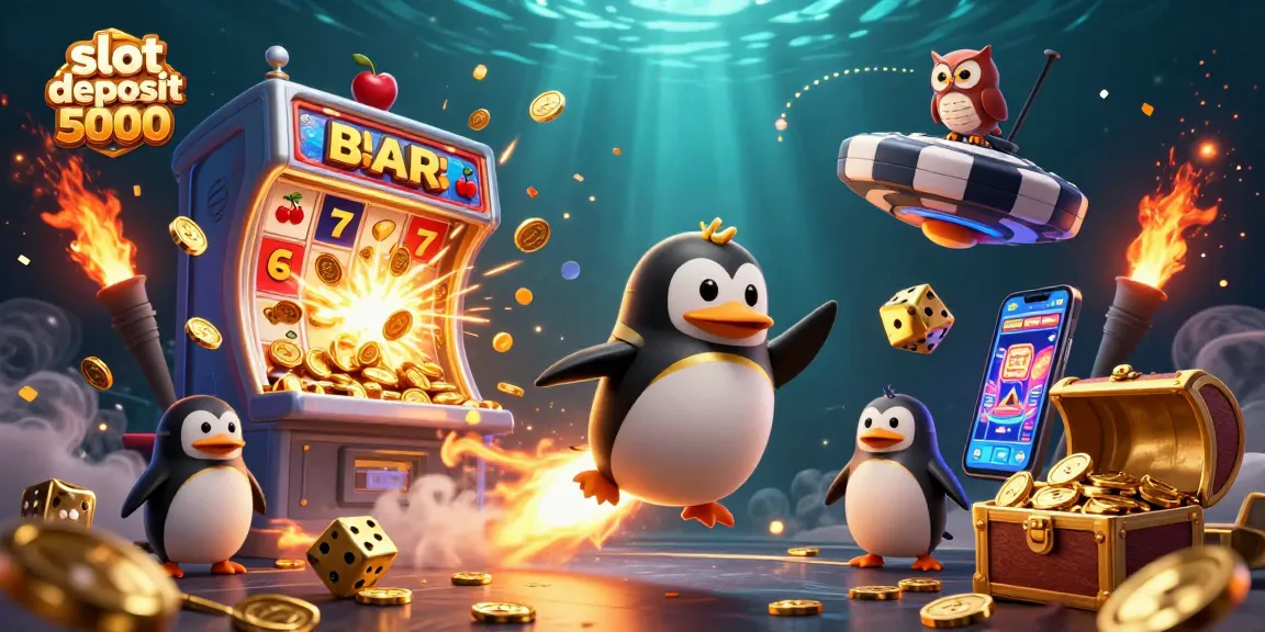 Permainan slot deposit 5000 dengan penguin emas yang terbang dan jackpot penuh koin berkilau