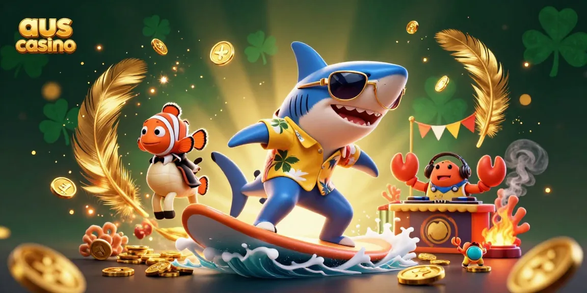 Engage in thrilling gameplay at aus casino, with shark and seahorse vibrant surfing scene.