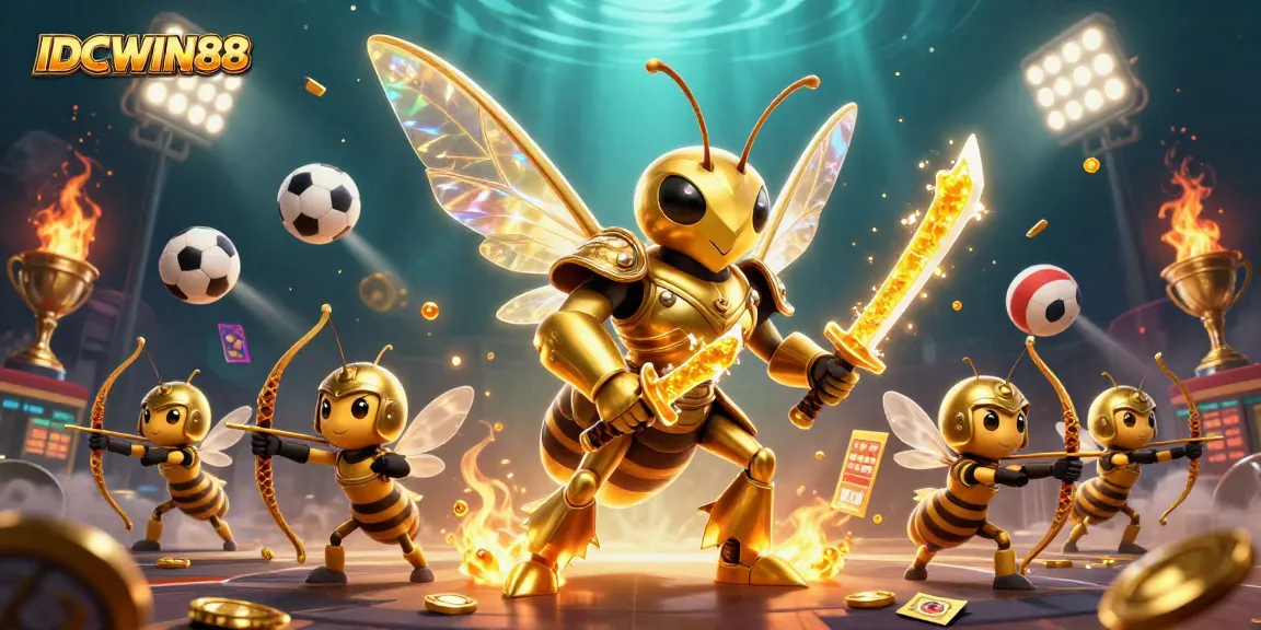 Experience the thrilling gameplay at IDCWIN88 alongside a giant samurai hornet and bee archers in a vibrant casino scene.