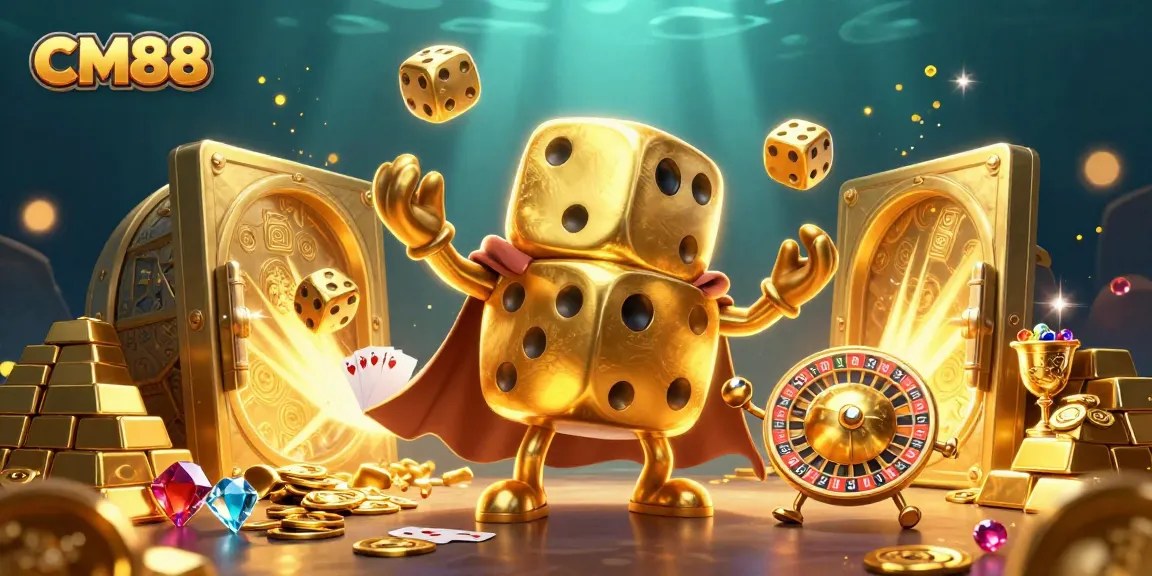 Experience thrilling gameplay at CM88 with a golden dice golem amid treasure and casino elements.