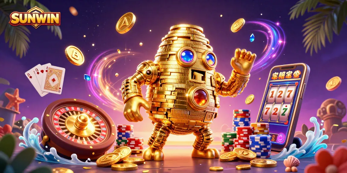 SUNWIN showcases a vibrant casino scene with a golden golem and dynamic game elements.