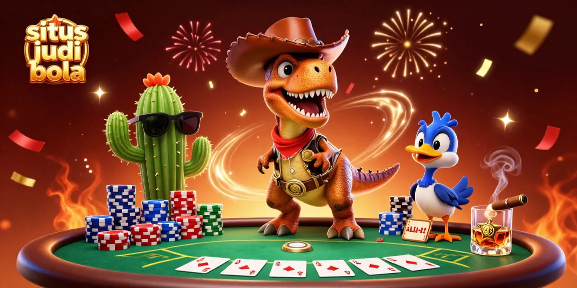 Experience thrilling situs judi bola action with a T-Rex and friends as they engage at a poker table.