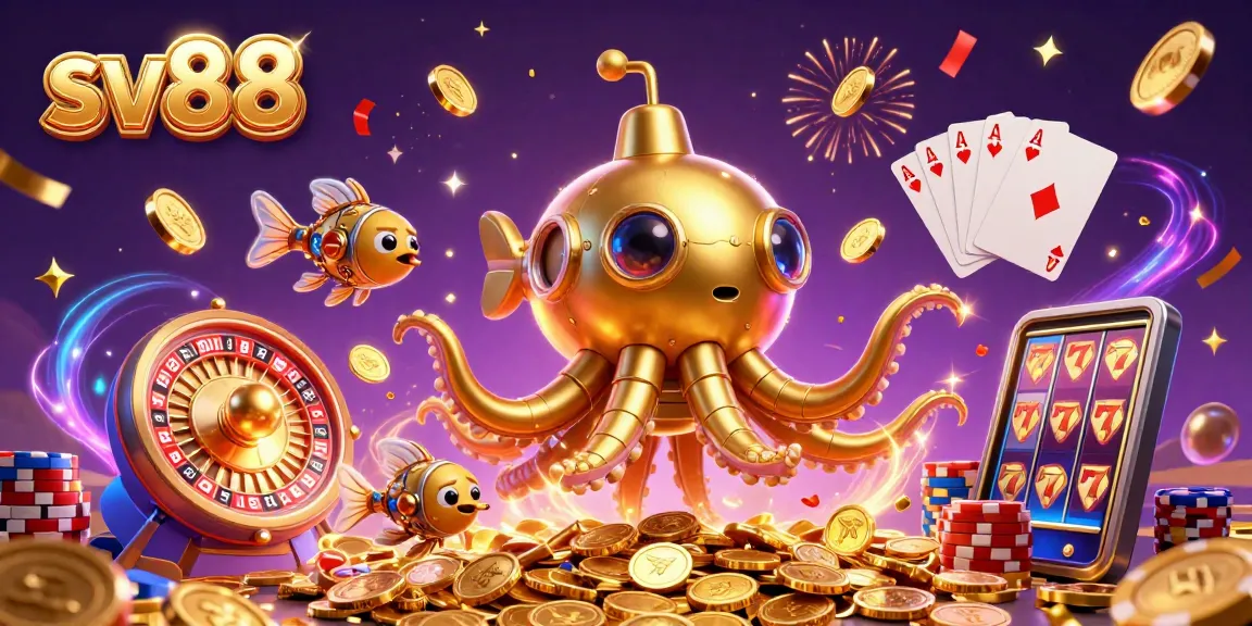 Engage with sv88's thrilling casino action featuring a golden kraken submarine surrounded by dynamic gaming elements.