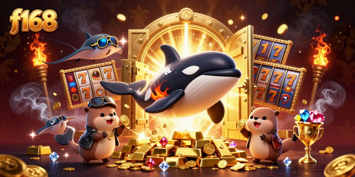 Experience excitement with f168's dynamic casino scene featuring characters and treasures.
