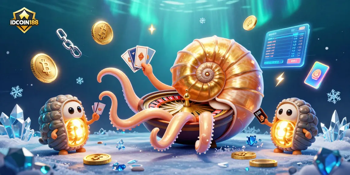Join the excitement at IDCOIN188 with a vibrant 3D casino scene featuring ancient nautilus and crypto elements.
