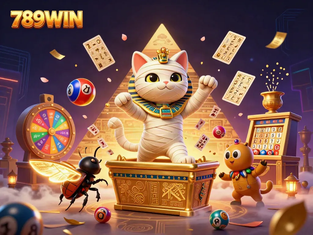 Experience the thrill of 789WIN as the Egyptian mummy cat brings luck in this vibrant casino scene.