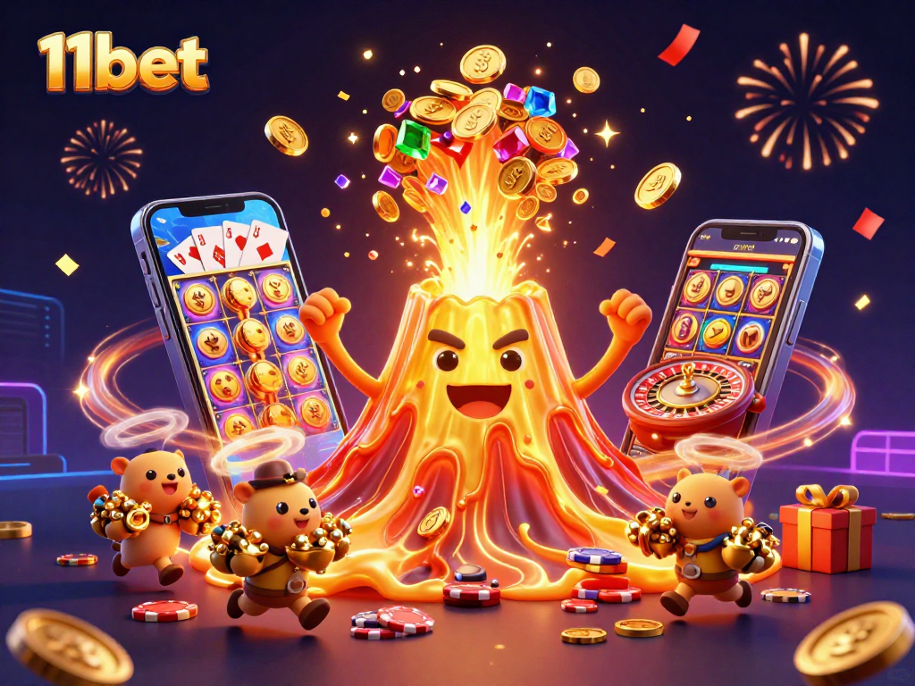 11bet celebrates thrilling wins with a vibrant 3D casino scene filled with gold and treasures.