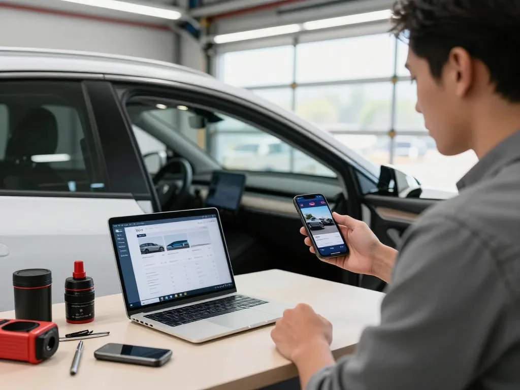 Efficiently completing a Lyft inspection online in a modern garage with tools and smartphone.