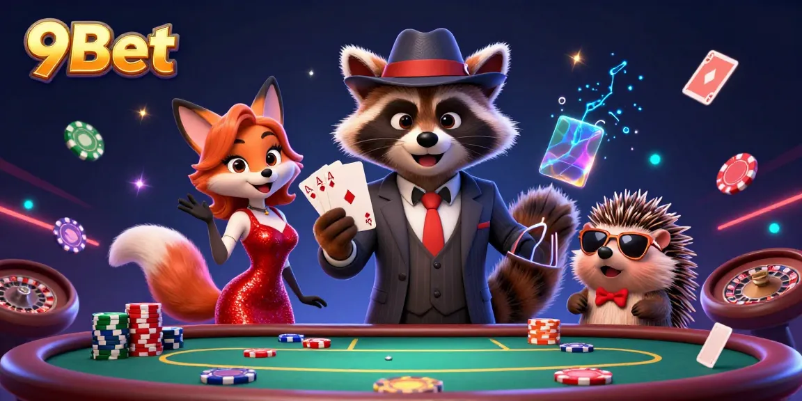Experience excitement with 9Bet as a suave raccoon, a fox in sequins, and a hedgehog bouncer around a lively poker table.