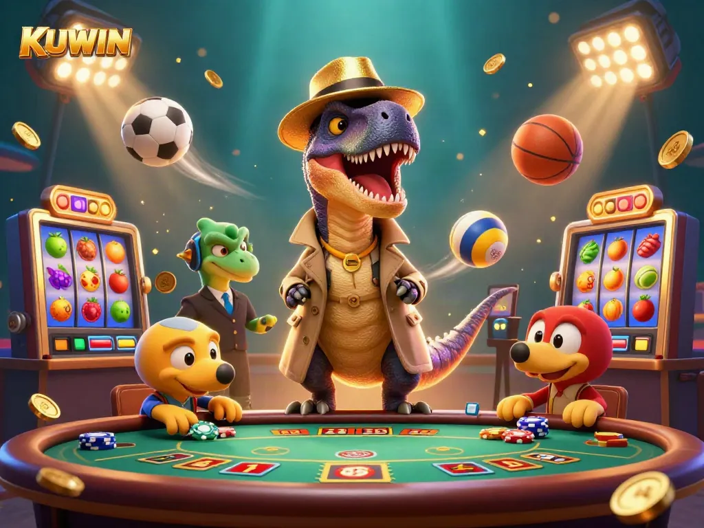 KUWIN velociraptor card counter at a casino table with a stegosaurus pit boss and a compy pickpocket.