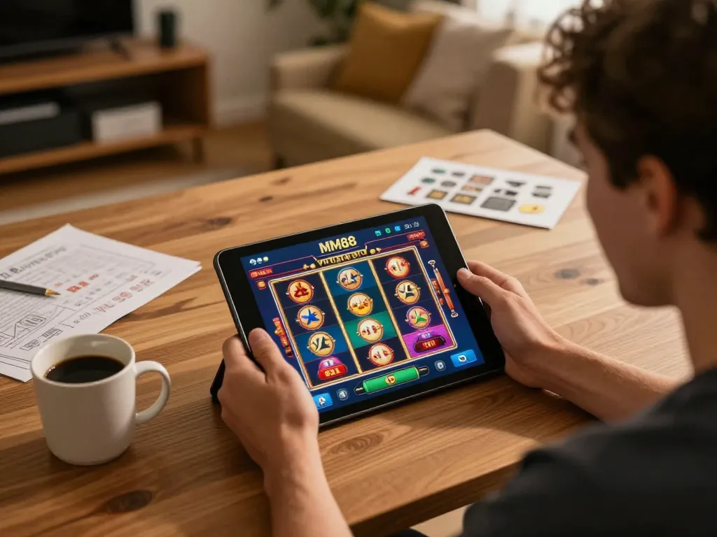 Player enjoying the MM88 app for online casino gaming, focusing on dynamic slot games and strategy notes.