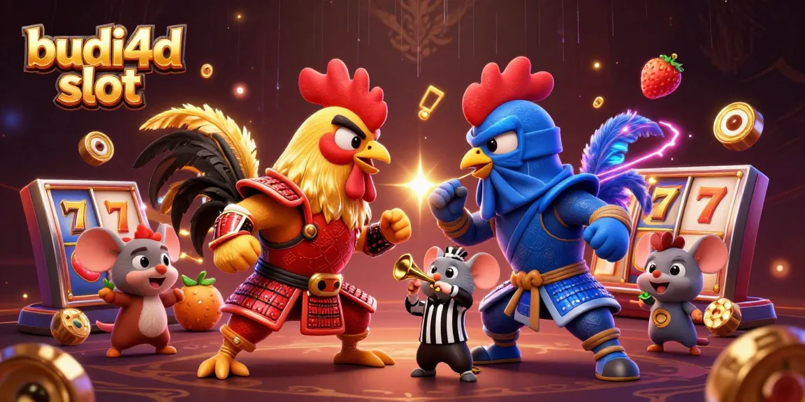 Experience thrilling gameplay with budi4d slot showcasing fierce roosters in a vibrant standoff highlighted by dynamic slot elements.