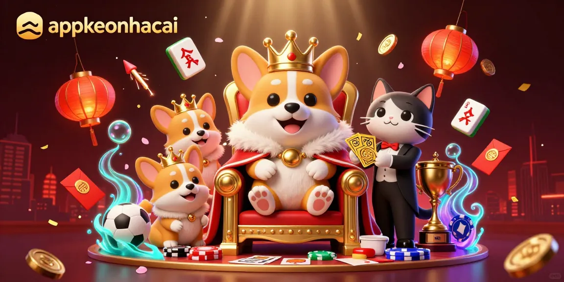 Experience dynamic sports betting excitement with appkeonhacai, featuring a royal corgi on poker chips amidst vibrant casino elements.