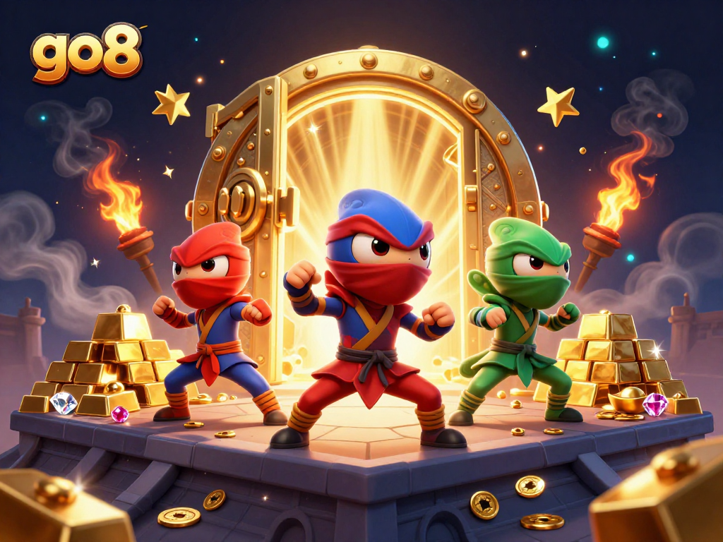 Experience thrilling action at go8 with a 3D chameleon ninja casino scene featuring vibrant treasures.