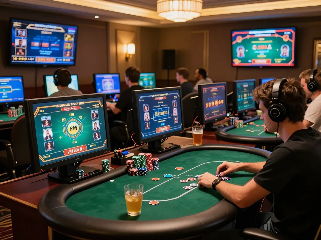 Player enjoying MM 88 poker game on multiple screens in a cozy online gaming setup