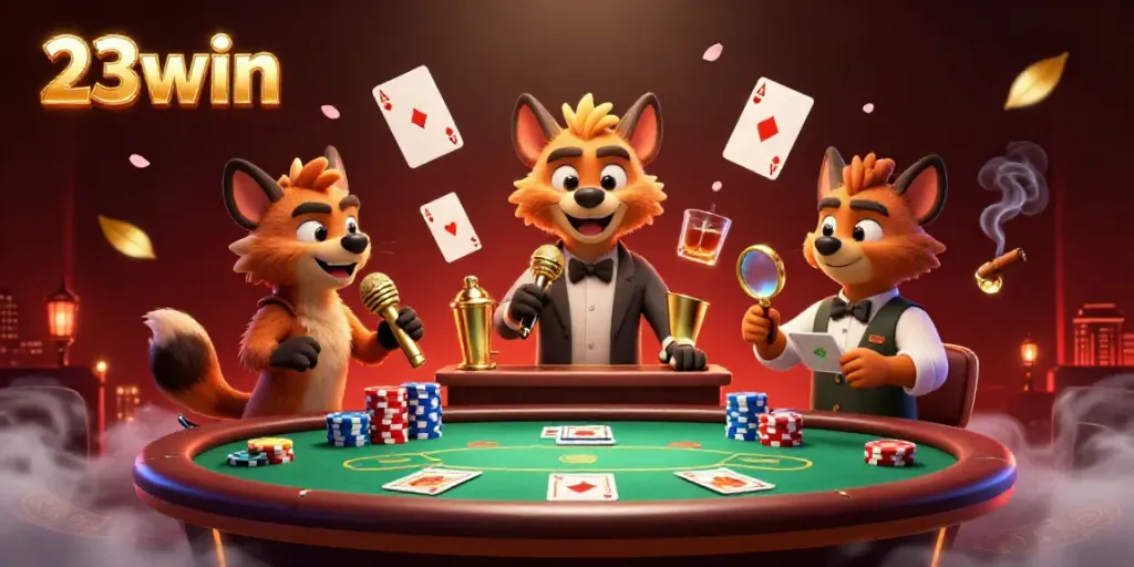 Experience the vibrant 23win casino scene with lively hyenas, poker elements, and atmospheric details, showcasing online gaming fun.