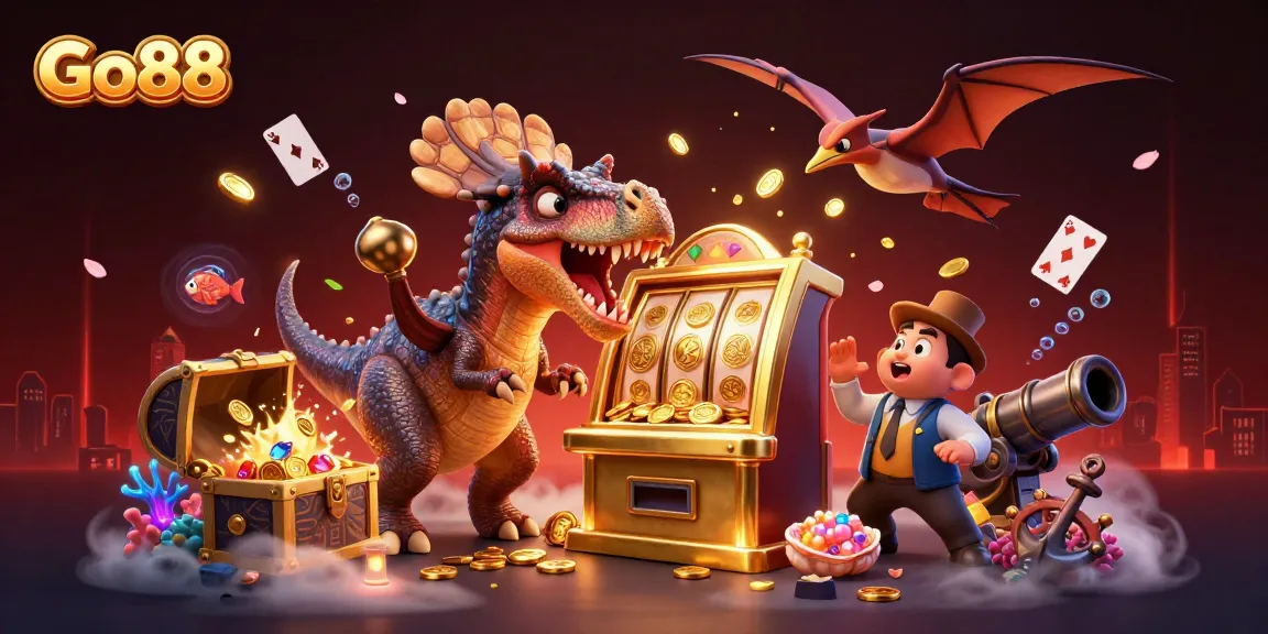 Go88 brings excitement to life as dinosaurs celebrate jackpot wins in a vibrant casino scene.