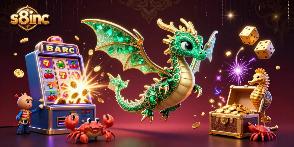 Experience the excitement of s8inc with a vibrant casino-themed illustration filled with games and treasures.