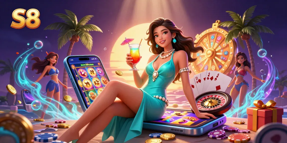 S8 casino scene featuring a glamorous Asian woman with a cocktail, vibrant slot games, and a golden prize wheel.