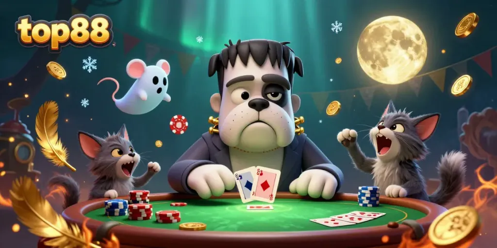 Experience the thrill of top88 gaming with a vibrant 3D cartoon scene featuring unique characters and dynamic casino elements.