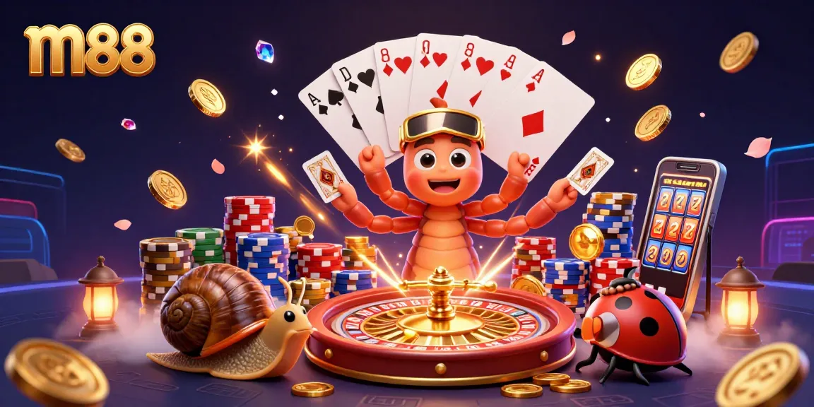 Experience the excitement of m88 with a dynamic casino scene featuring a millipede dealer and lavish game elements.