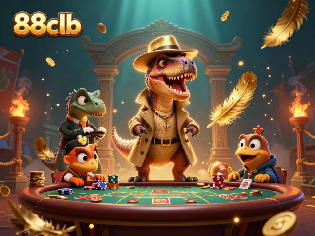 Experience thrilling gameplay at 88clb as a velociraptor card counter interacts with a stegosaurus pit boss at an online casino.