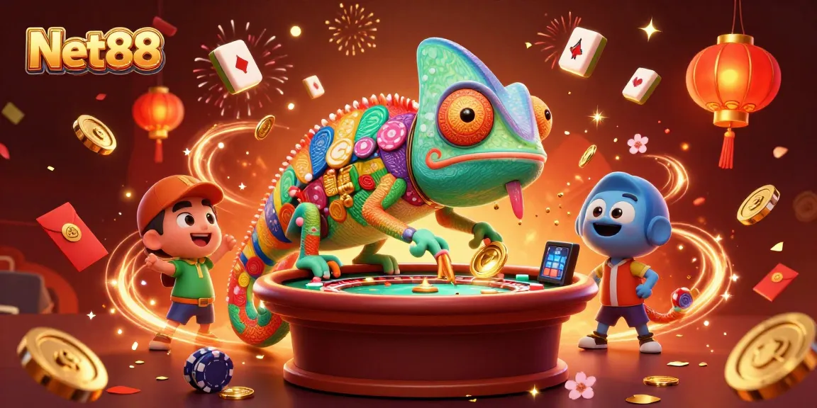 Spin and win with Net88's vibrant 3D casino illustration showcasing dynamic gaming elements.
