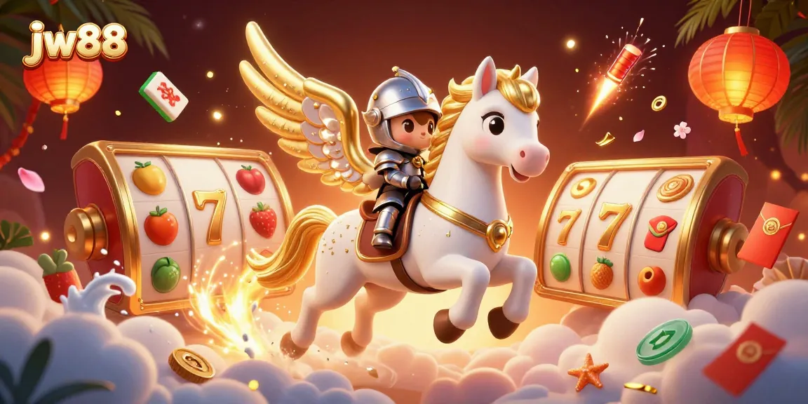 Experience thrilling gameplay with jw88's slot reels surrounded by dazzling characters and festive decorations.
