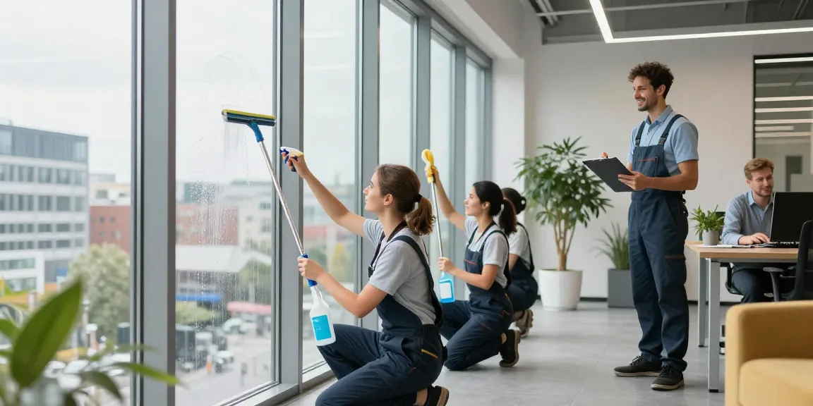 Professionelles Reinigungsteam der Putzfirma Dortmund bei der Fensterreinigung in einem modernen Büro.