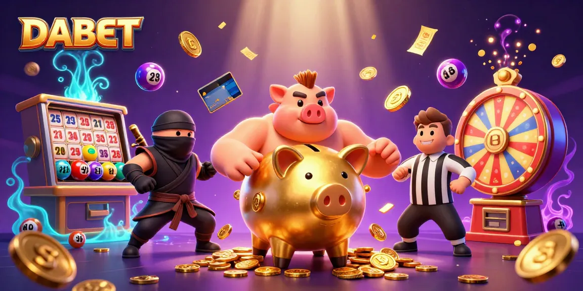 DABET casino illustration with a golden piggy bank sumo wrestler, coins scattering during a dynamic scene.