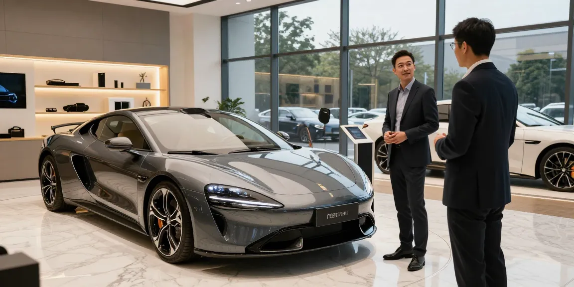 Pengalaman LUXURY 777 di showroom mobil mewah dengan penjual dan pembeli terlibat.