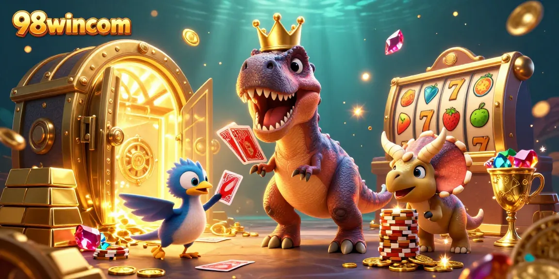 Experience thrilling card shuffling with 98wincom's adorable T-Rex and playful characters in a vibrant casino!