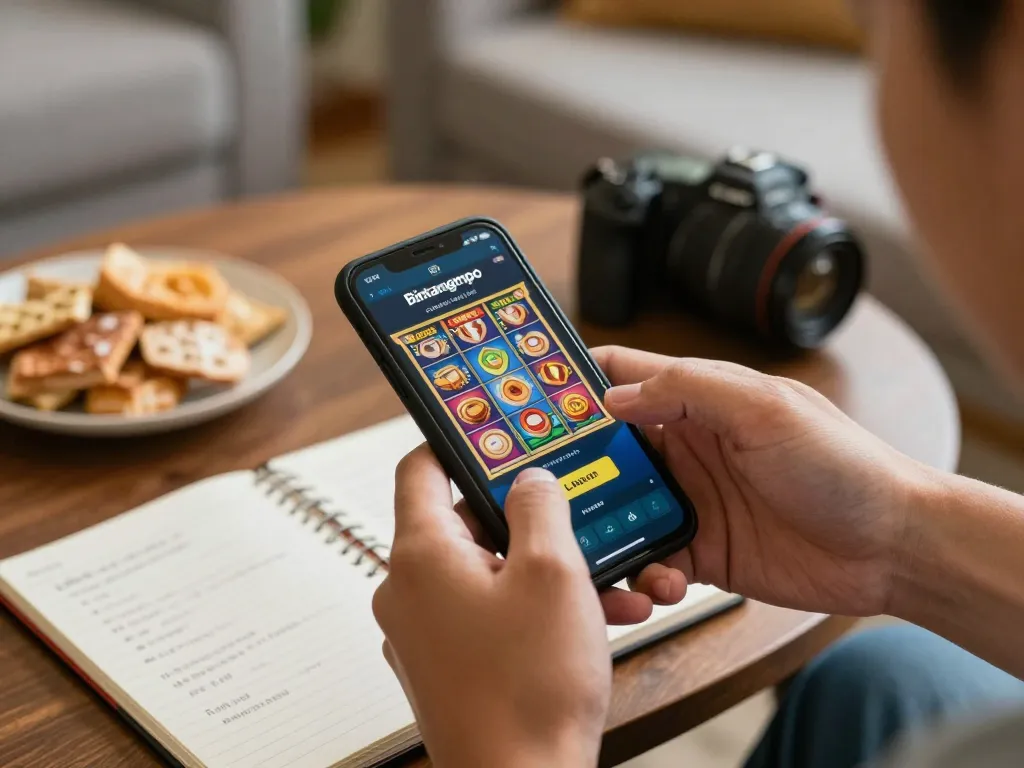 Pengguna Bintangmpo merencanakan strategi dengan smartphone sambil menikmati permainan online di rumah
