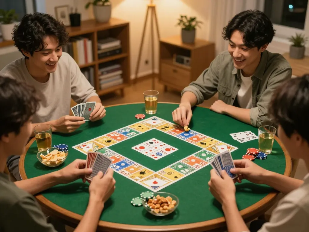 Friends enjoying a lively game bài night at home, with cards and chips in action, emphasizing strategy and social fun