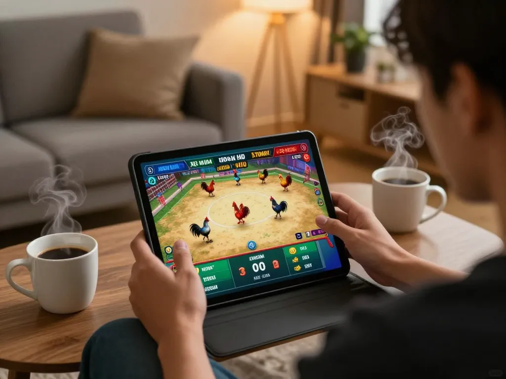 Cảnh thú vị của một người chơi trải nghiệm xem đá gà trực tiếp HD trên máy tính bảng, trong một phòng khách ấm cúng.