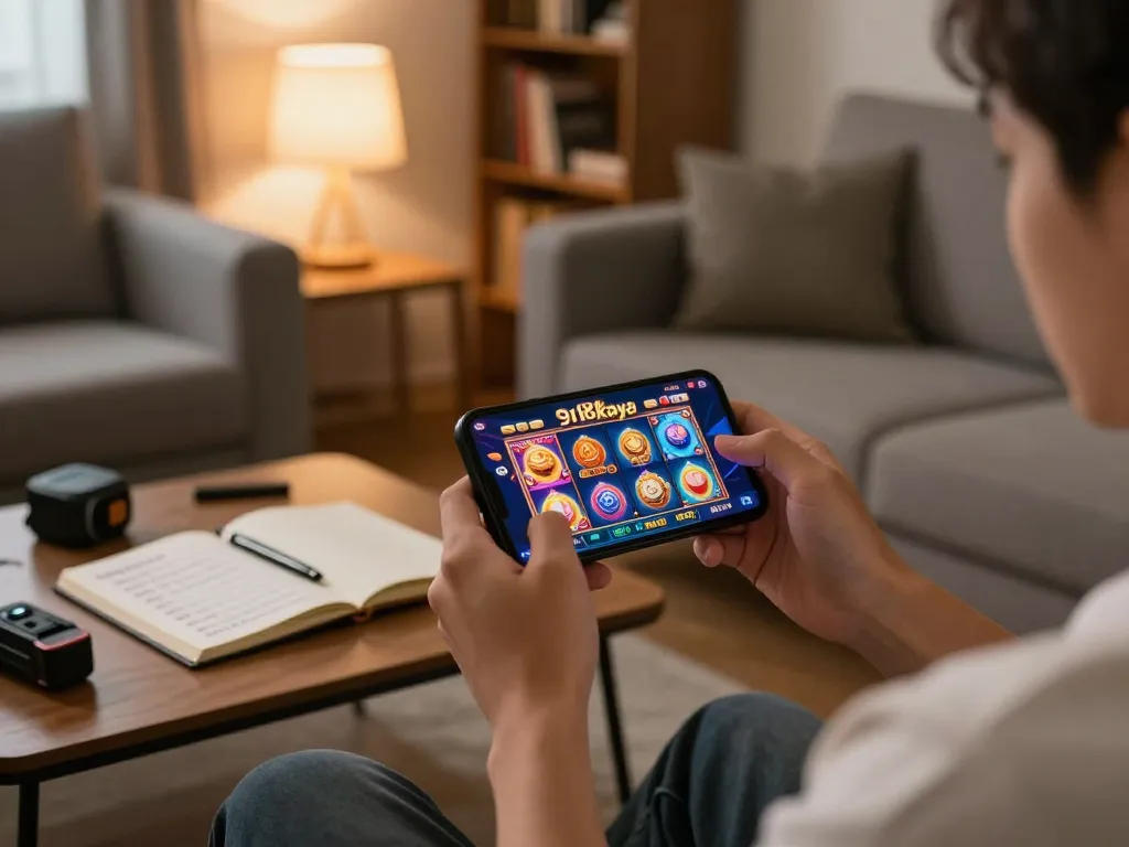 Enjoying mobile play on a smartphone at home, exploring 918kaya's vibrant slot games in a cozy setting.