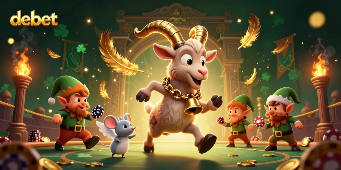 Engage with debet's holiday-horror casino featuring whimsical characters amidst golden coins and gaming elements.