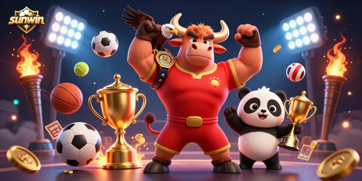 Experience thrilling wins with sunwin as a victorious bull mascot celebrates with sports elements.