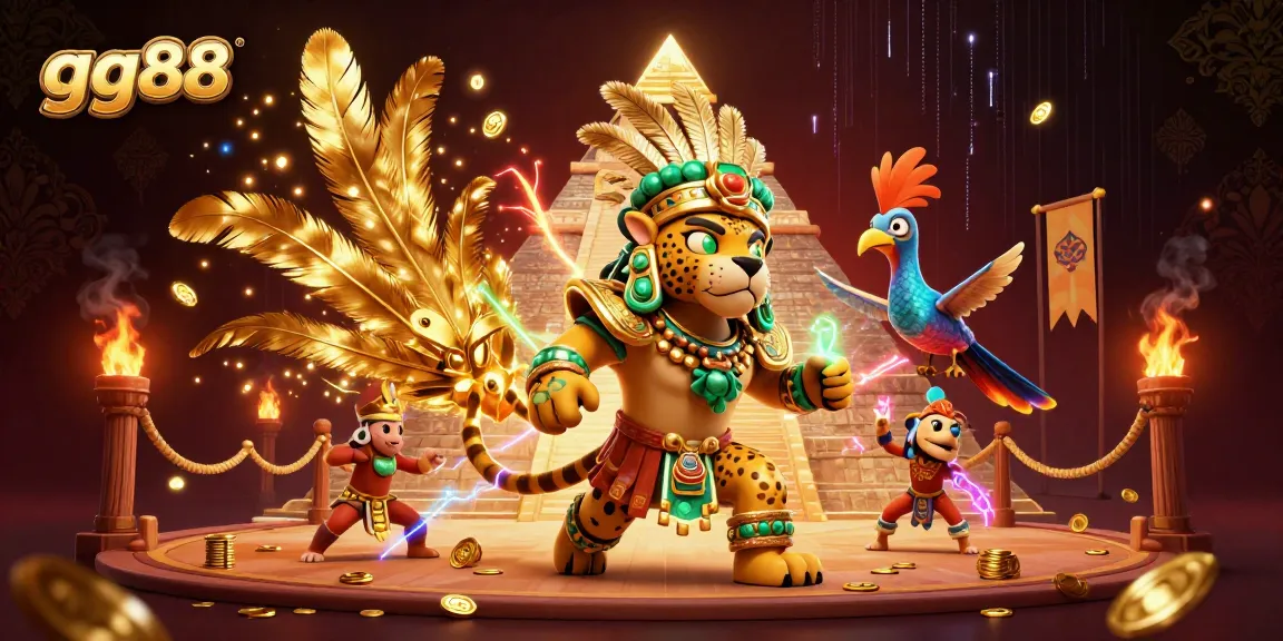 Experience thrills with gg88 in a vibrant 3D casino scene featuring a jaguar priest and treasures.