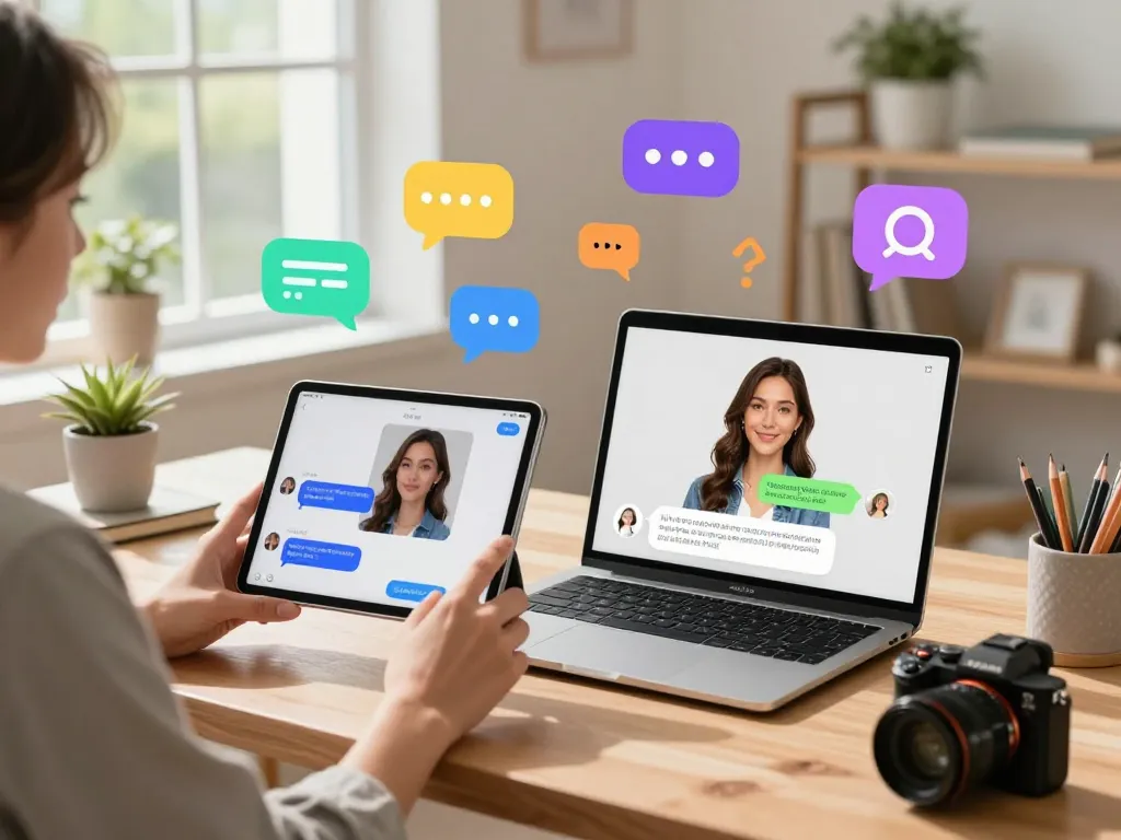 Engaging interaction with AI gf, showcasing virtual companionship technology in a vibrant workspace.