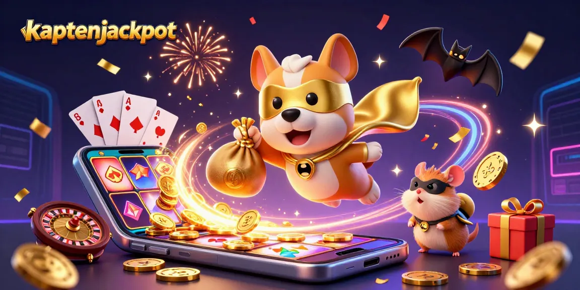 Engage with kaptenjackpot in a thrilling 3D cartoon scene featuring gaming excitement and vibrant casino elements.